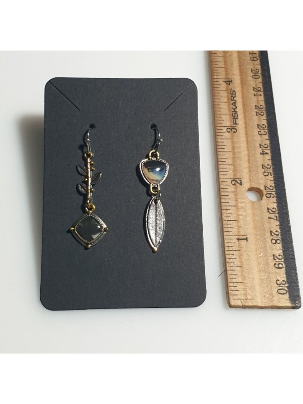 Dangle Earrings Boho Style Gold Tone Silver Accents Nature Leaf Stone Motif Gift - Picture 3 of 4